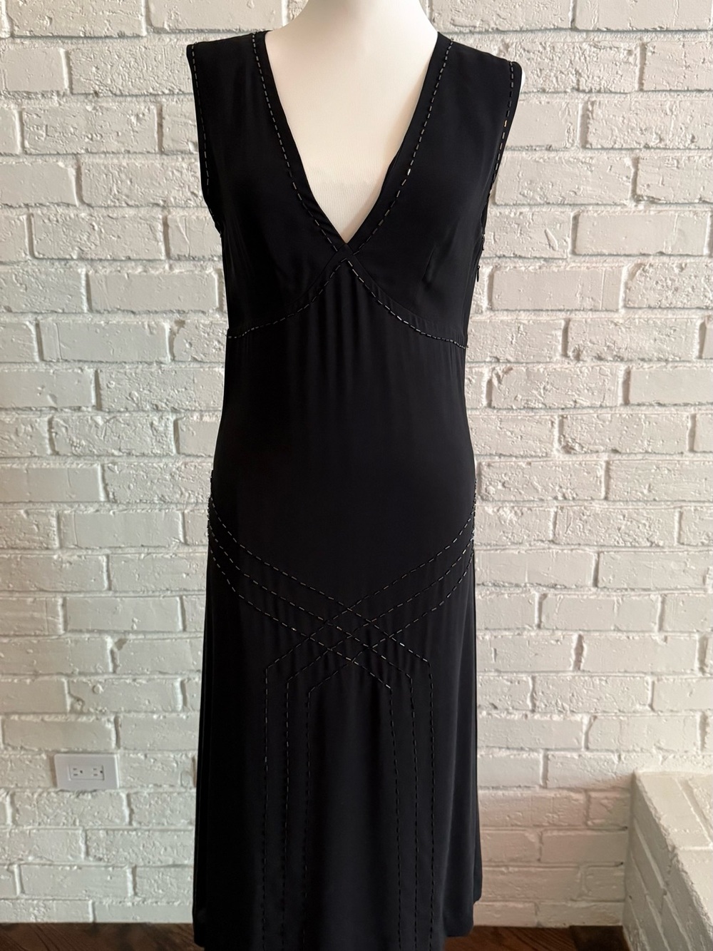 KORS Michael Kors Black Silk Beaded Sleeveless Cocktail Midi Dress